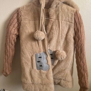 Girls Teddy Oversized Brown Tan Rabbit Bear Mouse Coat Faux Fur Bow Zip 9/10/11